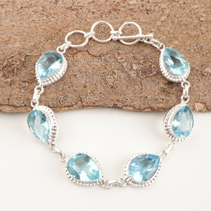 Pulsera de Topacio Azul Cielo en Plata de Ley 925 con Baño de Latón, Diseño de Tenis, Gema Tallada en Forma de Pera, Joyería de Moda Hecha a Mano - Product Image 4