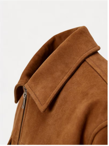 <b>Men</b> s Brown <b>Suede</b> Leather <b>Jacket</b> Workwear Style Turn-down Collar Zipper Closure Pockets Regular Fit Autumn Wear <b>Suede</b> Leather - Product Image 4