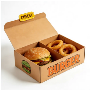 Boîte à burger avec compartiment pour frites, en carton kraft rouge, auto-érectible, impression quadricolore, emballage alimentaire jetable - Product Image 4