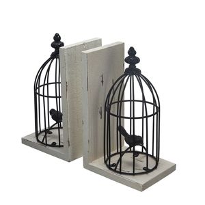 Fermalibri a forma di gabbia per uccelli, nero anticato, S/2, 5.5x4.5x10 pollici, bianco antico - Product Image 3