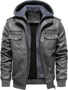 Chaqueta de Motociclista Delgada de Cuero PU para Hombre, con Cierre Frontal, Cuello Alto, Color Sólido, Manga Regular, Relleno de Poliéster, Estilo Otoñal - Product Image 3