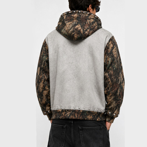 Custom Camo And Grey Zip Up Hoodie With Studded Patch Work And Custom Print Design For Unisex Wear - Product Image 6