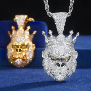 Colgante de Cabeza de Gorila Coronado - Colgante de Plata de Ley 925 con Moissanita, Colgante de Gorila con Moissanita Hecho a Mano Estilo Hip Hop - Product Image 5