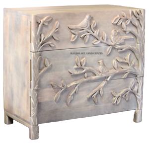 Commode de luxe moderne en bois massif antique, faite à la main, avec des ornements sculptés d'oiseaux pour la maison - Product Image 1