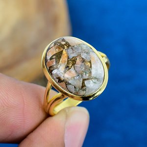 Anillo de Bisel de Plata de Ley 925 con Micras de Oro de 18k y Gema de Calcita Cobre Naranja Hecha a Mano - Product Image 1