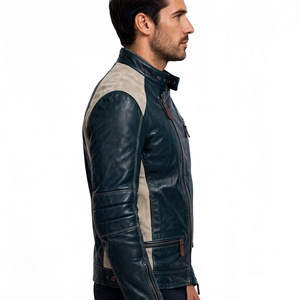 Amkoor Men's Genuine Leather Motorcycle <b>Jacket</b> <b>Slim</b> <b>Fit</b> Stand Collar Zipper Closure Solid Color Autumn Biker <b>Jacket</b> - Product Image 3