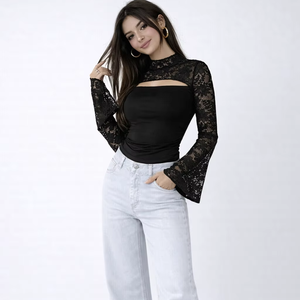 Top ajustado de manga larga con encaje sexy y aberturas para mujer, suministro ODM, con logo frontal para uso diario - Product Image 1