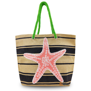 Eco-Friendly Starfish Print Jute Tote <b>Bag</b> | <b>Large</b> Durable Shopping <b>Beach</b> <b>Bag</b> <b>with</b> Green Rope Handles & <b>Zip</b> Closure Stylish - Product Image 3