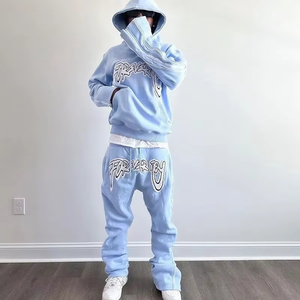 Conjunto de chándal con capucha y pantalones acampanados de felpa 100% algodón personalizados, con estampado, lavado ácido, efecto apilado, ecológico para hombre - Product Image 1