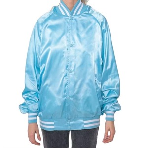 <b>Light</b> Blue Satin Bomber <b>Jacket</b> Unisex Regular Fit Stand Collar Covered Button Closure Winter Solid Casual Wear OEM Service - Product Image 1
