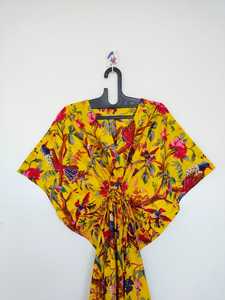 Robe kaftan en coton indien faite à la main, imprimé oiseaux, kimono léger et confortable, vêtement de plage pour femmes - Product Image 5