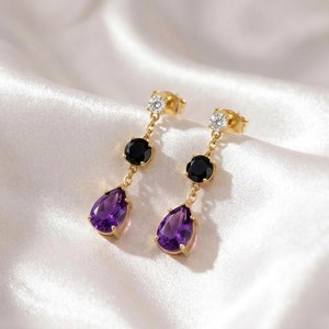 Purple Amethyst Pear & Black Obsidian <b>Earrings</b> Gemstone Dangle Stud <b>Earrings</b> Elegant Minimalist Jewelry Gift For Her - Product Image 5