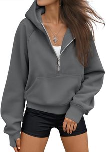 Sudadera con capucha unisex morada de moda con media cremallera, corte regular, de algodón polar, color liso, estilo oversize, para uso casual de otoño - Product Image 4
