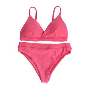 Women Pink Halter Bikini <b>Set</b> Two <b>Piece</b> Solid Color Stretch Fit Regular Style Tie Side Bottom Spandex Polyester Swimwear - Product Image 4