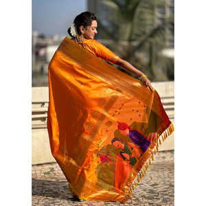 Sari en soie tissée Zari orange Elite Weaves, spécial Gudi Padwa Paithani pour les festivals indiens et pakistanais - Product Image 2
