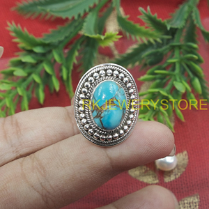 Natural Blue Copper Turquoise <b>Ring</b> 925 Sterling <b>Silver</b> Handmade <b>Statement</b> Oval Boho Tribal Vintage Jewelry Gift for Her - Product Image 2