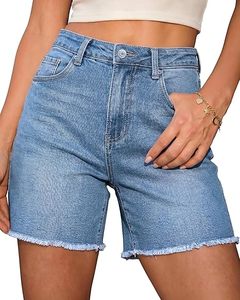Shorts en jean stretch taille haute pour femme, coupe décontractée, ourlet brut, style tendance, idéal pour l'été - Product Image 1