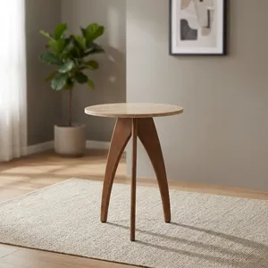Round Mango Wood Travertine Top <b>Side</b> <b>Table</b> Handmade <b>Rustic</b> Accent Furniture For Living Room Bedroom Sofa Corner - Product Image 6