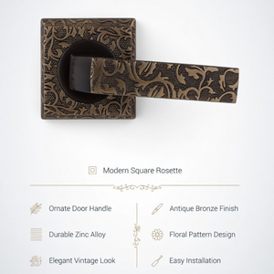 Luxury Modern Brass Door Handle <b>Set</b> | <b>Square</b> Rose Lever Handle with Artistic Engraved Design for Home & Hotel Interiors - Product Image 3