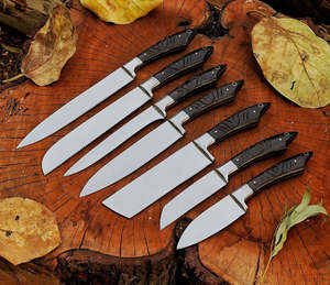 7 Pcs Kitchen <b>Knives</b> <b>Set</b> Stainless Steel Blade Bone Handle Vintage Style Leather Sheath Ambidextrous High Polish Finish OEM ODM - Product Image 6