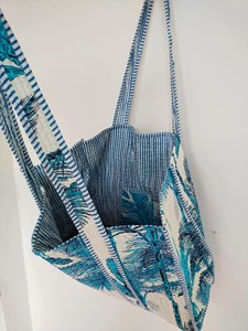 Sac fourre-tout en coton rayé bleu avec imprimé palmier, style bohème, sac de plage ouvert, sac à bandoulière pour femme, été - Product Image 3