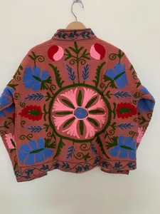 Chaqueta Auténtica Hecha a Mano Unisex de Color Durazno Terracota con Bordado Suzani, Transpirable, de Algodón, Manga Larga, Cuello Mandarín, para Otoño - Product Image 2