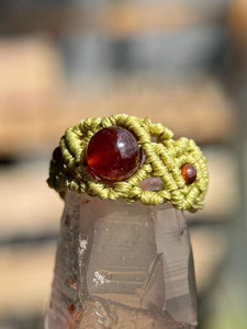 Carnelian Macrame <b>Ring</b> Red Gemstone Olive Green Cord <b>Adjustable</b> Boho Handmade Statement Jewelry - Product Image 3