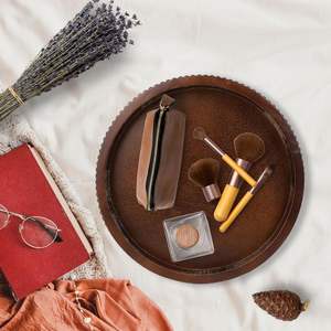 Plateau de service décoratif en bois haut de gamme avec perles, plateau ottoman rond vintage en bois pour centre de table, organisateur de comptoir, plateau circulaire - Product Image 4