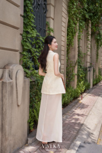 女式奶油色蕾丝无袖长裙彼得潘领修身喇叭形女式节日派对服装 SHIRLEY - Product Image 3