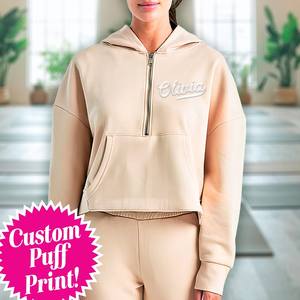 Sweat-shirt à capuche court pour femme, personnalisé avec impression en relief, 100% coton molletonné, écologique, coupe-vent, pour l'hiver - Product Image 2