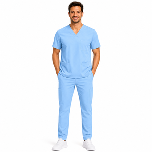 Ensemble de blouses médicales pour hommes, col en V, manches courtes, pantalon de jogging, couleur unie, uniforme médical, vêtements d'hôpital, coton et polyester tissé, haute qualité - Product Image 1