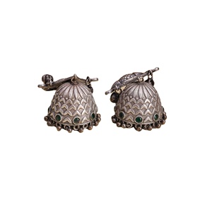 Antique Oxidized Silver Jhumka <b>Earrings</b> with <b>Green</b> Stones | Indian Ethnic Dangle <b>Earring</b> | Wholesale Jewelry Supplier India Bulk - Product Image 2