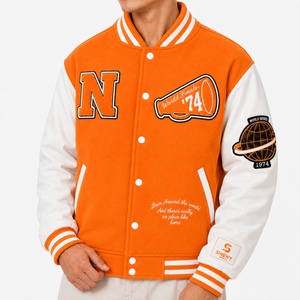 Veste universitaire d'hiver orange unisexe style preppy, col rabattu, logo N brodé, patch frontal, simple boutonnage, en polaire - Product Image 2