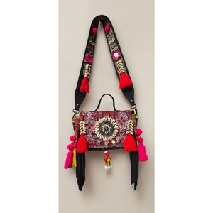 Ethno-Chic Artisan Handbag: Embroidered Bohemian Satchel with Cowrie Shell Inlay, Vibrant Tassels, and Tribal-<b>Inspired</b> Statement - Product Image 2