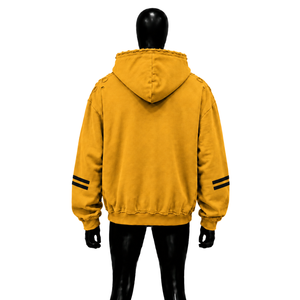 เสื้อฮู้ดดี้ผู้ชายสีเหลืองพรีเมียม ทรงโอเวอร์ไซส์ ผ้าฝ้ายเฟรนช์เทอร์รี่ สวมใส่สบายๆ สำหรับฤดูใบไม้ร่วง มีโลโก้ด้านหน้า แถบลายที่แขนเสื้อ พร้อมโลโก้ด้านหลัง - Product Image 2