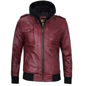 Veste bomber en cuir véritable bordeaux pour homme 5KINGZ SPORTS, fermeture éclair, doublure en sherpa, style sportif d'hiver, style moto - Product Image 1