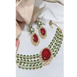 Gorgeous Designer High Quality Brass Gold Plated Moissanite <b>Statement</b> Fusion <b>Necklace</b> Earrings Set Engagement Party Wedding Gift - Product Image 1