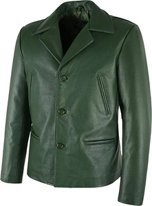 Men's Green Genuine Leather Jacket Turn-down Collar Single Breasted Casual Autumn Wear Regular Fit - Product Image 3