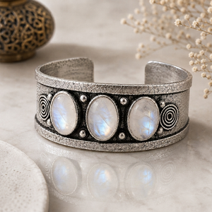 <b>Crystal</b> Dawn Natural Rainbow Moonstone Trio Gem Wide Bezel Set Cuff Bangle Handcrafted Brass Silver/Gold Plated Artisan Classic - Product Image 5
