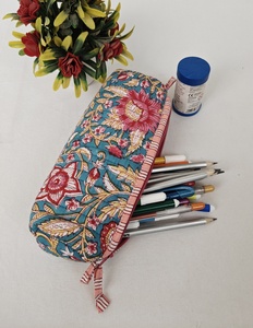 Indian Hand Block Printed Quilted <b>Makeup</b> Pouch Pencil Bag Set Eco-Friendly Wash Zipper Stationery Cosmetic <b>Cases</b> Handled Feature - Product Image 1