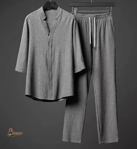 Men's Casual Two Piece Set Solid Color Cotton Shirt Pants Autumn Outfit V-Neck Breathable Woven Fabric - Product Image 1