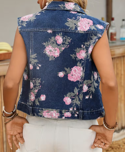 Hardihood International <b>Floral</b> Print Denim <b>Vest</b> Women Sleeveless Button Front Formal Summer Jacket Breathable Distressed - Product Image 2