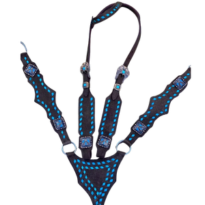 Ensemble de sellerie équestre de qualité supérieure en cuir western, avec têtière et peitorale, de belles boucles et surpiqûres bleues, pour l'équitation - Product Image 3