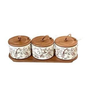 Customized 3 set wood tray Aesthetic Seasoning <b>Jars</b> Home Kitchen Salt <b>Jar</b> Set Pepper <b>Jar</b> Ceramic <b>Spice</b> <b>Jars</b> with Wooden Cap Tray - Product Image 1