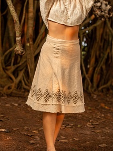 Jupe portefeuille superposée beige, motif tribal, longueur midi, coupe trapèze, en coton, pour femme, prix de gros - Product Image 3