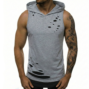 Wholesale Men's Custom Ripped Sleeveless Hoodie Layered <b>Distressed</b> Fitness Tank <b>Top</b> Streetwear Blank Workout Muscle Tank <b>Tops</b> - Product Image 1
