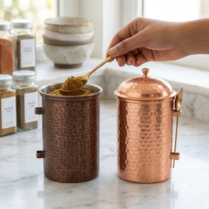 Hammered Copper Storage Container With Spoon Dome Lid Tall Kitchen Masala Canister <b>Spice</b> <b>Jar</b> Wholesale Manufacturer - Product Image 5