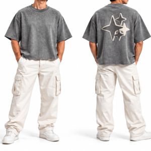 เสื้อยืดโอเวอร์ไซส์สีน้ำเงินฟอกยีนส์ AGREE สำหรับผู้ชาย ผ้าฝ้าย 100% พิมพ์ลาย HD คอประดับเพชร ลายทางด้านหลัง สไตล์สตรีทแวร์ แขนสั้น น้ำหนัก 200 กรัม - Product Image 3