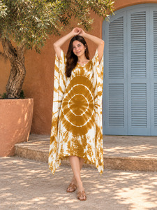 Boho Tie Dye V Neck Midi <b>Dress</b> Loose Asymmetric Cap <b>Sleeve</b> <b>Summer</b> Casual Woven <b>Dress</b> - Product Image 6