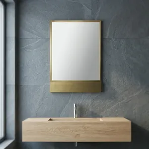 Modern <b>Gold</b> Framed Bathroom <b>Wall</b> Mirror with Storage <b>Shelf</b> for Vanity Sink Washroom and Elegant Contemporary Home Decor Interior - Product Image 3